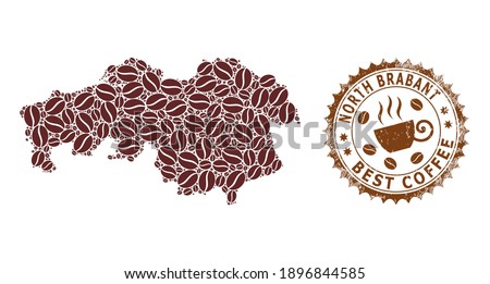 Coffee mosaic map of North Brabant Province and rubber stamp seal. Vector map of North Brabant Province collage is designed from coffee seeds. Round rosette stamp in brown colors.