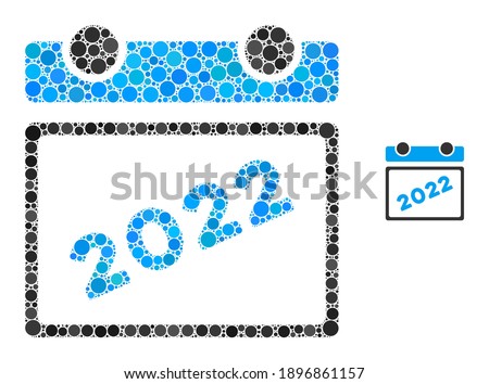 2022 calendar leaf mosaic of filled circles in various sizes and color tones. Vector filled circles are combined into 2022 calendar leaf mosaic. 2022 calendar leaf isolated on a white background.