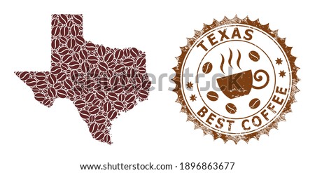 Coffee mosaic map of Texas State and rubber stamp seal. Vector map of Texas State collage is designed of coffee beans. Round rosette stamp in brown colors.