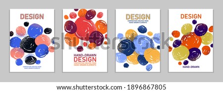 Hand drawn art vector covers circles abstract backgrounds set, artistic graphic design brochures flyers or booklets, advertising colorful positive posters, textured abstraction funny and cute.