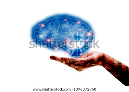 Double exposure new idea business and Brain icon concept, hand holding brain icon and star control in graph Screen Icon of a media screen, idea Business concept.
