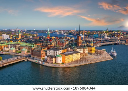 Stockholm old town city skyline, cityscape of Sweden at sunset Royalty-Free Stock Photo #1896884044