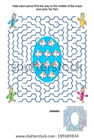 Maze game and coloring activity page for kids: Help each pencil find the way to the middle of the maze and color the fish. Answer included. 