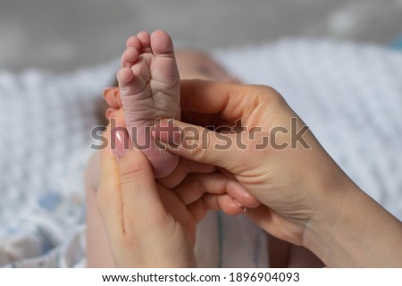 Pictures of cute baby feet. Baby feet in mother hands.