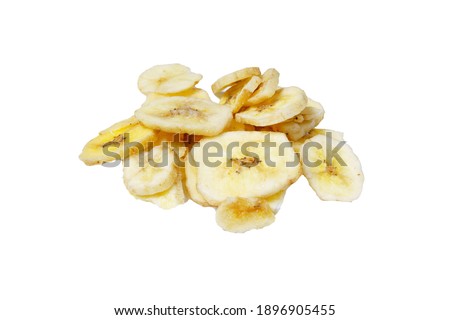 Banana chips are dried crispy slices of bananas isolated on a white background