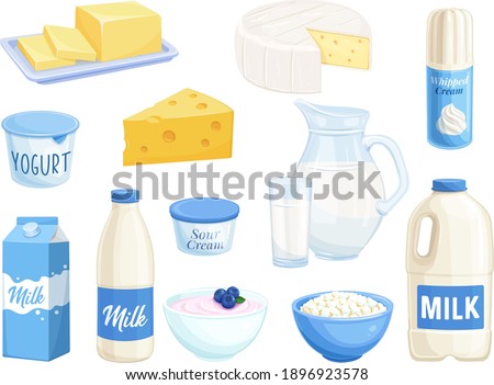Vector set dairy products. Illustration of cottage cheese, milk, butter, cheese and sour cream. Yogurt, whipped cream for design market farm product. Royalty-Free Stock Photo #1896923578