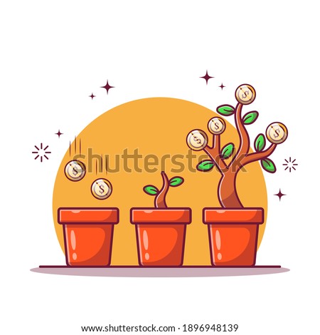 Investments and Finance Growth Business Illustration. Putting a Coin in Flower Pot and Growing Money Tree. Business and Finance Icon Concept. Flat Cartoon Vector Illustration Isolated.
