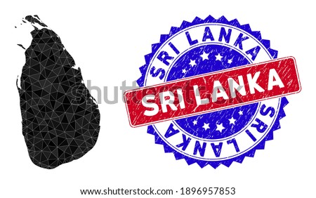 Sri Lanka Island map polygonal mesh with filled triangles, and rubber bicolor rubber seal. Triangle mosaic Sri Lanka Island map with triangular vector model, triangles have various sizes,
