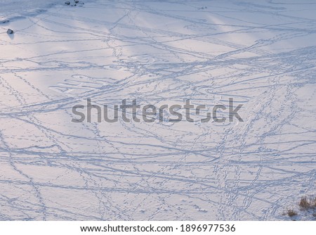 Numerous footprints of people, skis, sledges and animals on the frozen snow-covered lake. Round holes on ice left by fishermen. Sunny frosty day. Lettering in the snow.Winter landscape without people
