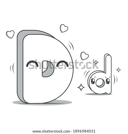 Letter D kawaii style black and white Character of the alphabet