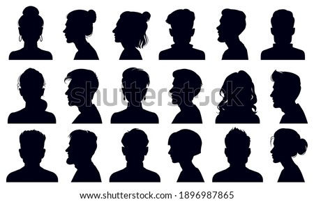 Head silhouettes. Female and male faces portraits, anonymous person head silhouette vector illustration set. People profile and full face portraits. Black outline avatars, unknown characters