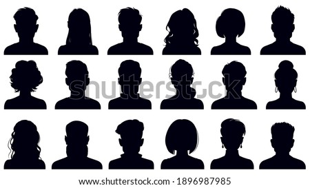 Avatar portrait silhouettes. Woman and man faces portraits, anonymous characters avatars. Adult people head silhouettes vector illustration set. Female and male heads with long and short hair Royalty-Free Stock Photo #1896987985