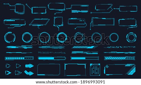 Futuristic interface ui elements. Holographic hud user interface elements, high tech bars and frames. Hud interface icons vector illustration set. Circle and rectangular shape borders Royalty-Free Stock Photo #1896993091
