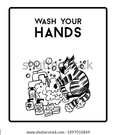 Wash your hands. Prevention of corona virus poster. Funny cats vector illustration