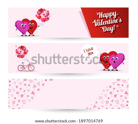 Set banner Valentines day. Two loving hearts couple. Valentine couple. Cute characters of lovers on white background. Vector illustration. Template banner or background card Valentines day 