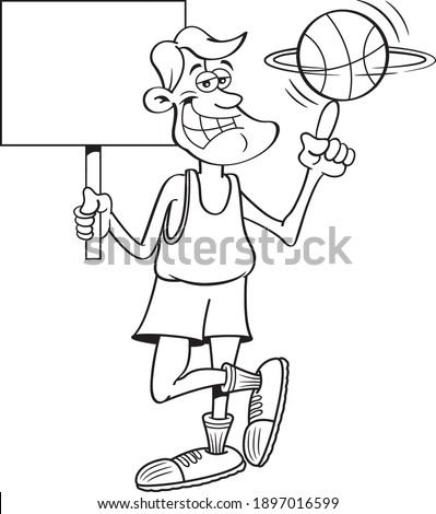 Black and white illustration of a smiling basketball player spinning a basketball on his finger while holding a sign.