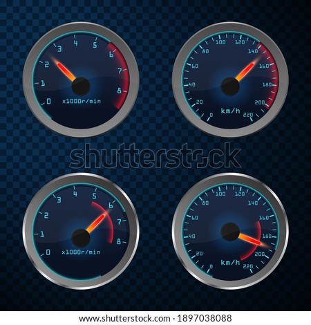 Car speedometer set of dashboard speed meters. Motorbike or motorcycle, auto or automobile, lorry speed measure gauge.