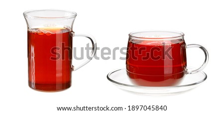 Glass cup and mug with tea. The set of images is isolated on a white background.