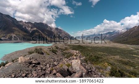 Dramatic panoramic view of a Valley next to Tasman river in Mount Cook National Park. New Zealand
