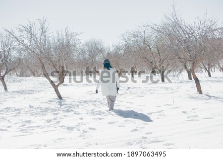 Panoramic and back view of an unrecognizable woman walking in winter forest on a winter day full of snow Winter Outdoor 2021. 
