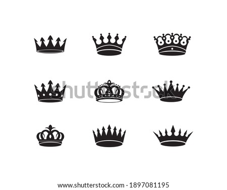 Set of black vector king crowns and icon on white background. Vector Illustration. Emblem and royal symbols.