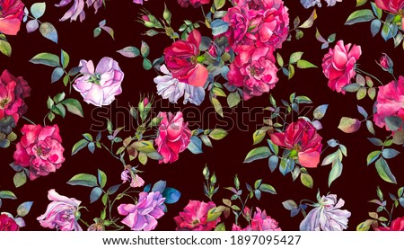 Botanical watercolor illustration. Gorgeous fresh roses. Seamless pattern of flowers, leaves and buds. Wedding design. Red and pink roses on a chocolate background.