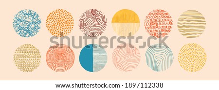 Set of round Abstract colorful Backgrounds or Patterns. Hand drawn doodle shapes. Spots, drops, curves, Lines. Contemporary modern trendy Vector illustration. Posters, Social media Icons templates Royalty-Free Stock Photo #1897112338