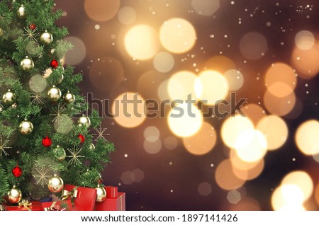 Christmas Tree with Decoration On A Winter Background With Bright Lights And Snow