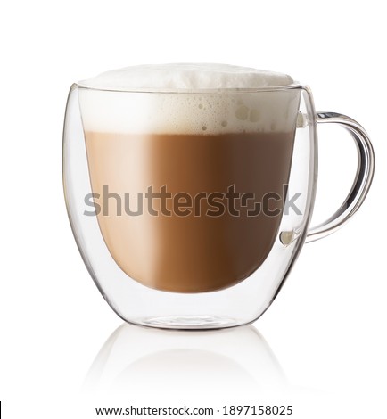 cappuccino in glass cup with double walls isolated on white background Royalty-Free Stock Photo #1897158025