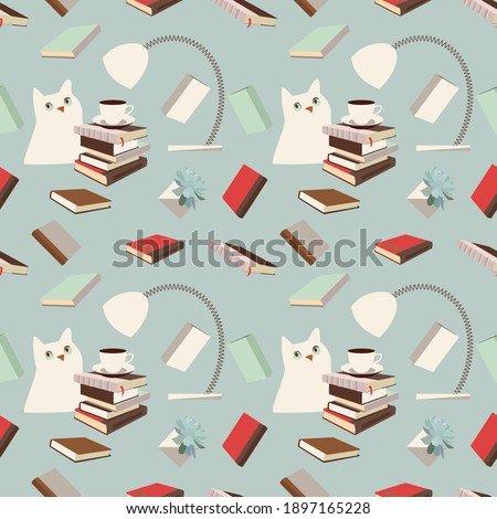 Library pattern. Seamless vector doodle pattern with books, bookshelves, houseplants, table lamps, cat and cups of coffee or tea.