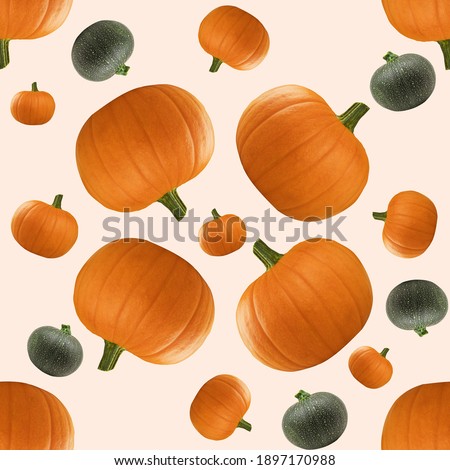 Seamless pattern fresh orange pumpkin and green pumpkin. Seamless pattern with vegetarian food - pumpkin isolated on a printable background. Website background for wallpaper, surface textures, restaur