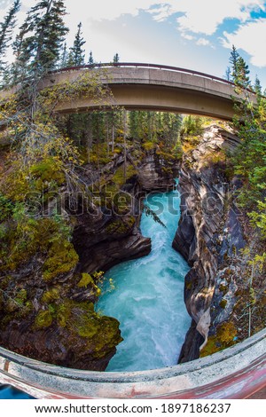 Picturesque bridge over a narrow gorge. The powerful Athabasca Falls, popular with tourists. Canada. Indian summer in the Rocky Mountains. Travel and photo tourism concept