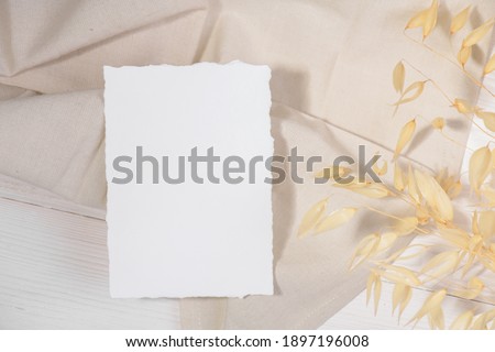 5x3,5 Card mockup template, empty stationery card with dry plants flower and natural linen on a white background and design element for wedding invitation, rsvp, thank you card, greeting