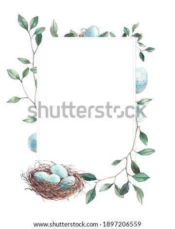 Watercolor spring branches and nest frame. Hand painted floral card with greenery and bird eggs isolated on white background. 