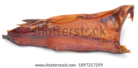 Piece of smoked fish isolated on a white background.