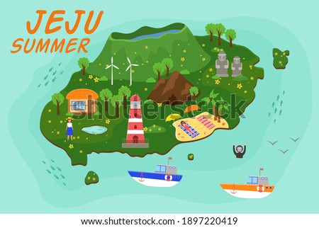 Jeju island travel map vector illustration, Attractions in flat design. Green island in south korea wuth mountaines and waterfalls. Summer travel, active lifestyle. Vacation in an Asian country Royalty-Free Stock Photo #1897220419