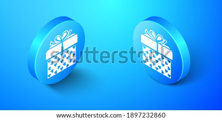 Isometric Gift box and heart icon isolated on blue background. Packaging Valentine's Day. Beautiful festive box tied with ribbon and bow on top. Blue circle button. Vector.