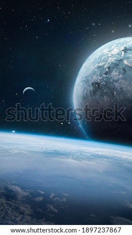 Space fantasy wallpaper. Planets in outer space. Galaxies and satellite. Orbit of Earth planet. Elements of this image furnished by NASA.