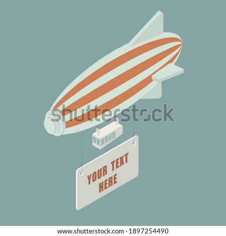 Zeppelin with message - isometric hand drawn vector illustration. Flat colors.  Royalty-Free Stock Photo #1897254490