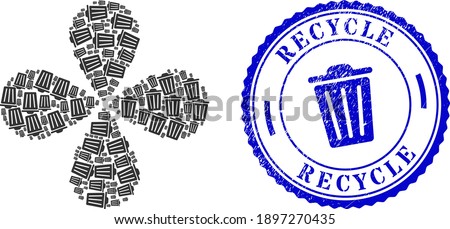 Trash can swirl flower shape, and blue round RECYCLE rubber stamp print with icon inside. Element flower combined from oriented trash can items. Vector flower collage in flat style.