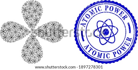 Atom rotation flower with four petals, and blue round ATOMIC POWER rubber print with icon inside. Element cycle organized from oriented atom symbols. Vector flower collage in flat style.