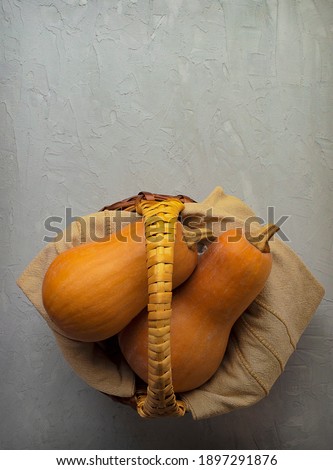 Vegetable pumpkin poster or wallpaper. Pumpkin cooking master class. Thanksgiving day template. Autumn recipe picture. Vegan life. Flat lay. Concept of Thanksgiving day or Halloween with copy space