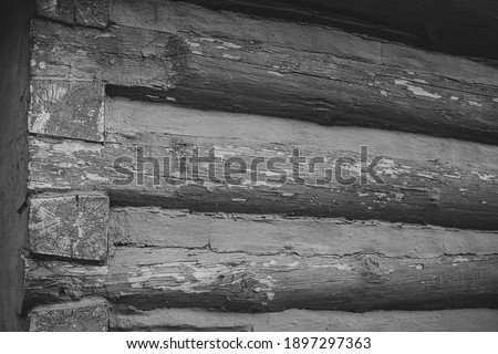 Close up detail of log cabin house.Vlkolinec,traditional settlement village in the mountains.Black and white photo.