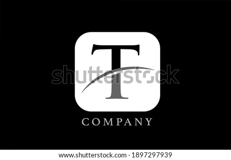 black and white T alphabet letter logo for company and corporate. Simple rounded square design with swoosh. Can be used for an app or button icon