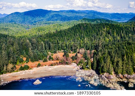 Aerial image of the abandoned village Clo-oose on Vancouver Island, BC, Canada