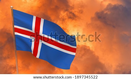 Iceland flag on pole. Dramatic background. National flag of Iceland