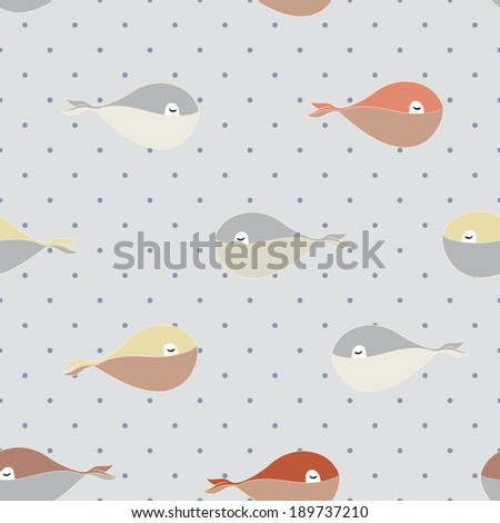 cute happy cartoon colorful whale seamless pattern on polka dot background