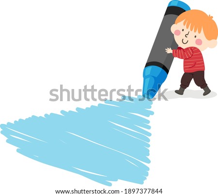 Illustration of a Kid Holding a Big Blue Crayon, Coloring and Scribbling on the Floor