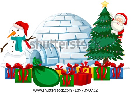 Santa Claus with many gifts and snowman and christmas element on white background illustration