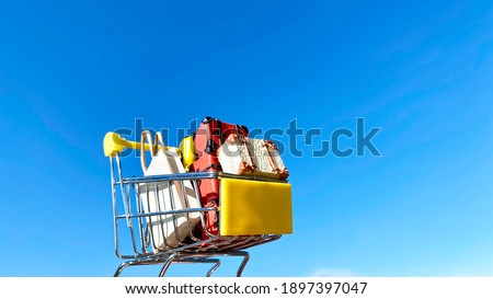Carry bag or trunk and paper bag in cart in the blue sky background
